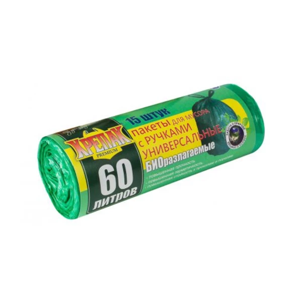 Мешки для мусора КРЕПАК БИО-разлагаемые 60л. 15шт., зеленые (в рулоне 13мкм, 60*84см)