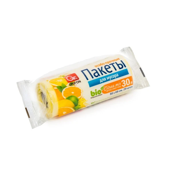 Пакеты для мусора GRIFON Bio 30л Особо прочные Цитрусов. микс ,50*60см,20шт в рулоне на втулке 12мкм,ПНД