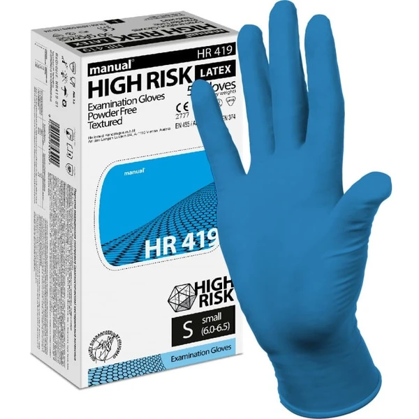 Перчатки латексные MANUAL HR419 смотровые нестерильные (25пар) -S, плотные, синие