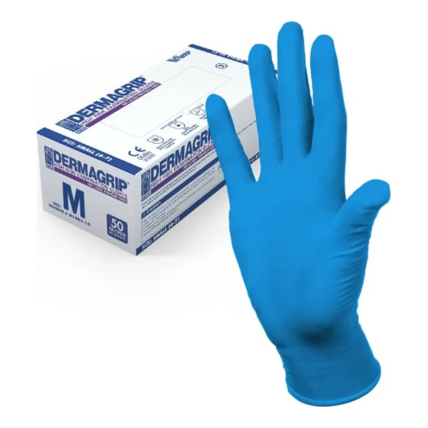 Перчатки латексные Dermagrip, синие -M, смотровые нестерильные, неопудренные 1 пара