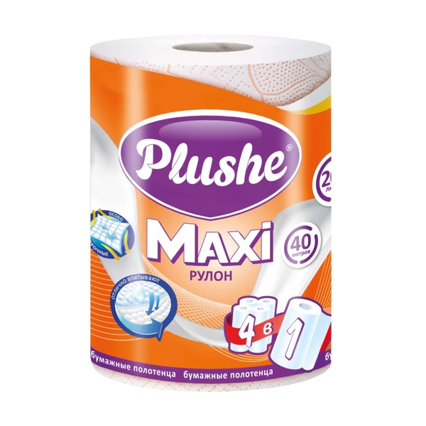 Полотенце бумажное Plushe Maxi 1 рулон 45м, 2 слоя, Белые с цветным тиснением