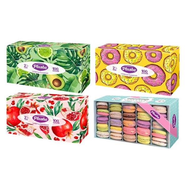 Салфетки бумажные Plushe Prof 100 листов в коробочках, V-сложение, 2 слоя Ассорти