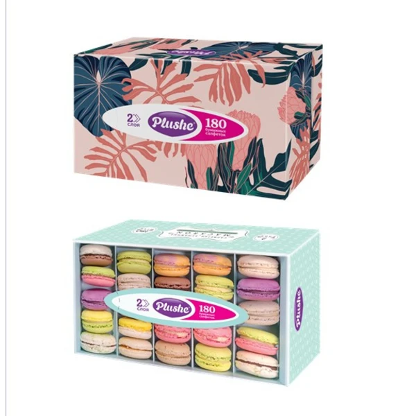 Салфетки бумажные Plushe 180 листов в коробочках, V-сложение, 2 слоя Ассорти