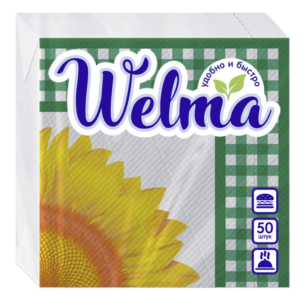 Салфетки бумажные WELMA 50шт 1-слойные с рисунком подсолнух