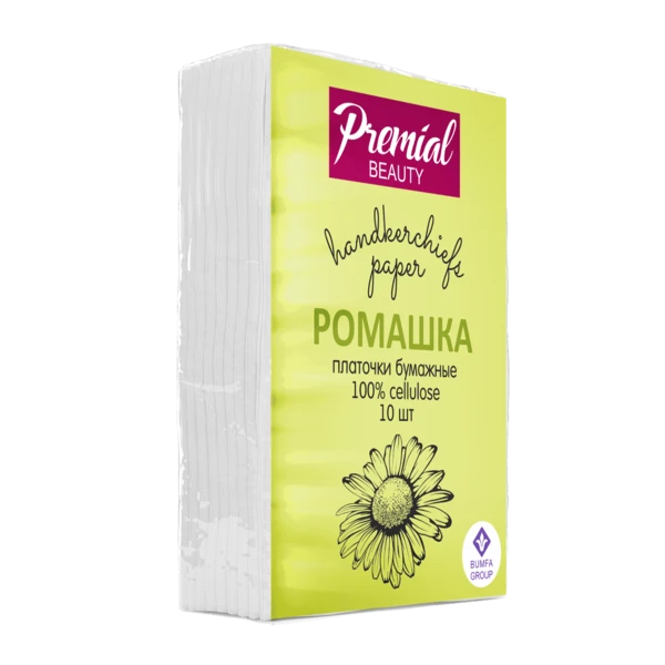 Платочки бумажные PREMIAL 10шт. 3-х слойные белые с ароматом ромашки