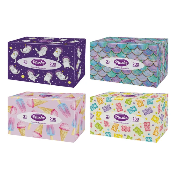 Салфетки бумажные Plushe 230 листов в коробочках, V-сложение, 2 слоя Ассорти